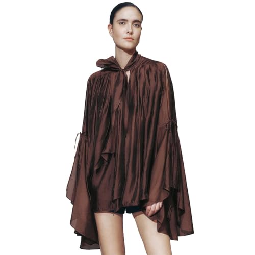 Women's Shirts Long Flowy Layered Bell Sleeve Blouse with Tie Neck Ruffle Hem Button Down Tops