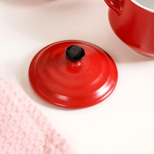 Image of Nestasia Set of 2 Ceramic Serving Pots with Lids (450ml) - Small Handled Pots for Curry, Dal, Rice, Soup & Gravy, Kitchen Tableware & Gift Set (Red)