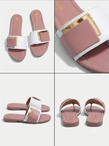 Image of Women's Slide Sandals with Square Gold Buckle, White & Grey