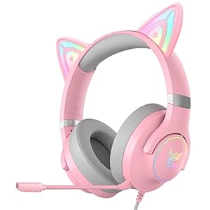 Cat Ear Wired RGB Backlights Gaming Headsets, Over-Ear Gamer Headphones with Surround Sound & Detachable Noise Cancelling Microphone, for PC, PS4, PS5, Xbox One (No Adapter) & Phones (Pink)