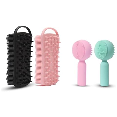 2 PC Silicone Bath Body Brushes, Soft Silicone Loofah and 2 PC Silicone Facial Cleansing Brush, Facial Scrubber Cover