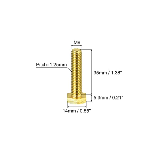 Image of uxcell Brass Hex Bolts, M8x35mm 3pcs Fully Thread Grade 4.8 Solid Brass Hexagon Head Bolt Machine Screws for Machinery