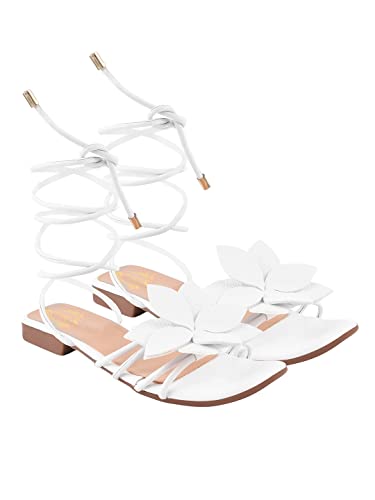 Image of Shoetopia Elegant Flat Sandals with Floral Detail | Chic Lace-Up Straps | Comfortable Summer Footwear for Women