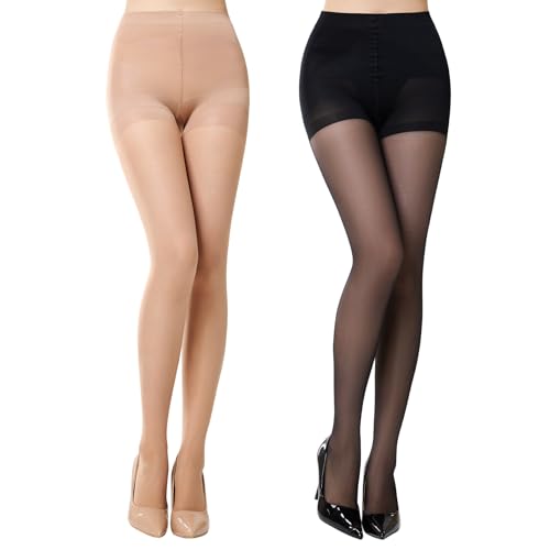 MANZI Control Top Pantyhose for Women 2 Pairs 20D Sheer Soft High Waist Tights Tummy Control Support Stockings
