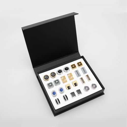 Image of Wynameleri Mens Cufflinks Set 12 Pairs, Black Cuff Links Pack of 12 for Men Silver and Gold, for Business, Wedding,Party Gift Pack in Case