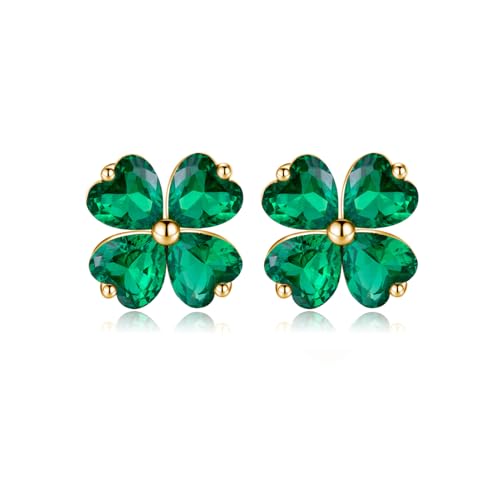 Reffeer Solid 925 Sterling Silver Four Leaves Clover Earrings Studs for Women Teen Girls Heart Cut Green CZ Clover Studs Earrings Leaf