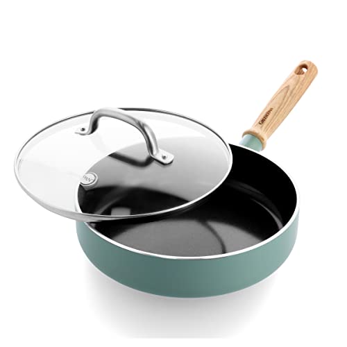 GreenPan Mayflower Healthy Ceramic Non-Stick 24 cm/2.7 Litre Sauté Pan with Lid, Vintage Wood Handle, PFAS-Free, Induction, Smoky Blue, Blue