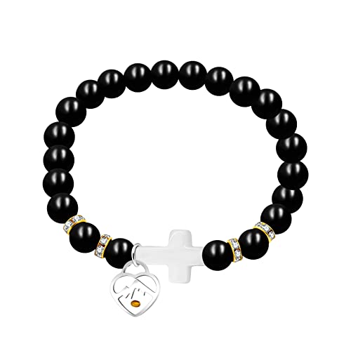 Image of Uloveido Black Agate Side Cross Bracelet Mustard Seed Charms, Personalized Letter A-Z Tiger's Eye Bangle Y944