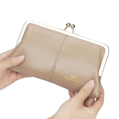 Image of Royal Bagger RFID Kiss Lock Wallet, Solid Color Multi-card Slots Card Holder, Genuine Cow Leather Clutch Purses for Women 1468 (Black (2468))