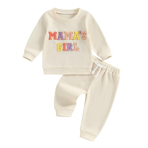 NZNDSHD Daddys Girls Baby Clothes Waffle Knit Mamas Girl Letter Embroidered Long Sleeve Sweatshirt Pants Set Fall Outfit (Beige Mamas Girl, 12-18 Months)