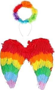 Rainbow Pride Wings and Halo Set - Pack of 2 - Rainbow Feather Wings with Matching Light-Up Halo - Perfect Accessory for Pride Month, Pride Marches and Pride Events