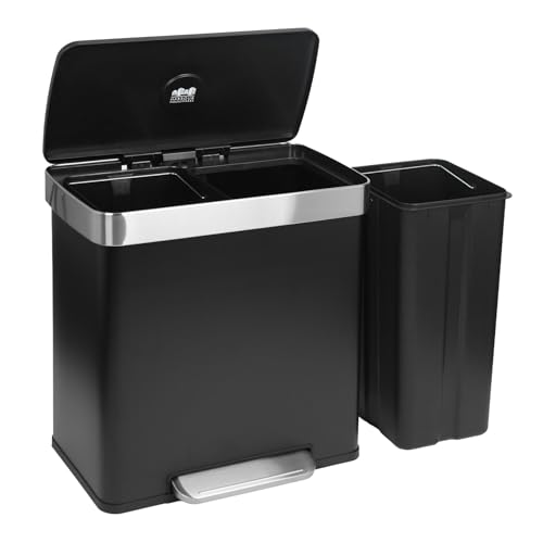 Harbour Housewares 60L Double Kitchen Pedal Bin 2 x 30L Matte Black Stainless Steel Recycling Waste Bin with Soft Close Lids Dual Compartments & Removable Inner Buckets for Home & Office