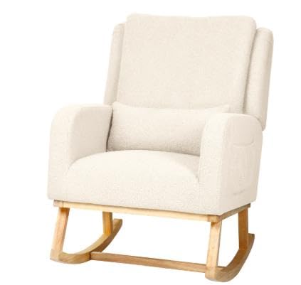 Image of Rocking Chair Nursery with Pillow, Nursery Rocking Chairs in Teddy Fabric with Wingback & Armrest, Built-in 2 Side Pockets, Comfy Nursery Glider Nursing Chair Armchair for Living Room, Bedroom, Beige