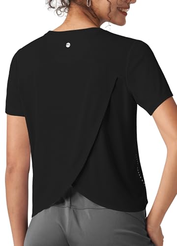 Willit Women's Workout Tops Athletic Shirts Cropped Short Sleeve Split Back Gym Breathable Quick Dry