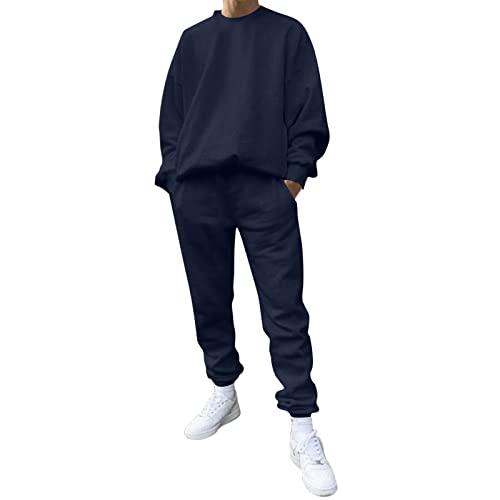 Generisch Tuta da jogging maschile casual in due pezzi con scollo a O, maniche senza spalline, felpa, coulisse, set di pantaloni agenti, Blu marino, XL