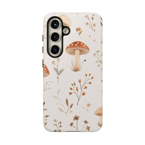 Coque Samsung S24 rigide brillante motif champignons fleurs beige