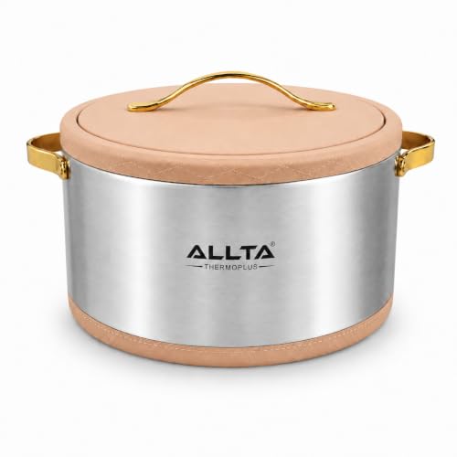 Image of ALLTA Elegant Stainless Steel Casserole 6 Litre | Premium Insulated Hot Pot with Leather-Finish Lid & Gold Handles | Keeps Food Hot 6-8 Hours | Serves 12-15 | Festive & Gifting Casserole (6000ml)