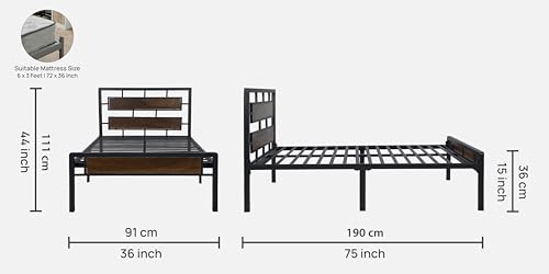 Image of Zeek Metal Extra Single Size Bed Without Storage | Wrought Iron Cot with Headboard & Footboard| Sturdy Powder Coated Platform Bed Extra Single Size Cot for Bedroom (Zeek Black)