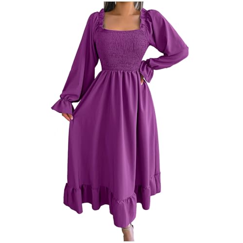 Vestido mexicano informal de manga larga con cuello en V, cintura alta, volantes, vestido midi escalonado con purpurina roja, morado, M
