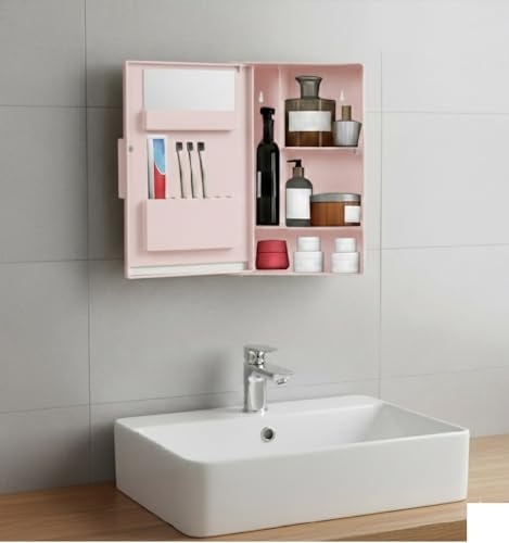Image of zahab Wall Mounted Bathroom Mirror Cabinet 10x14 Inch | Plastic Storage Cabinet with Mirror | Waterproof Toiletry Organizer | Space Saving Bathroom Shelf (Pink)