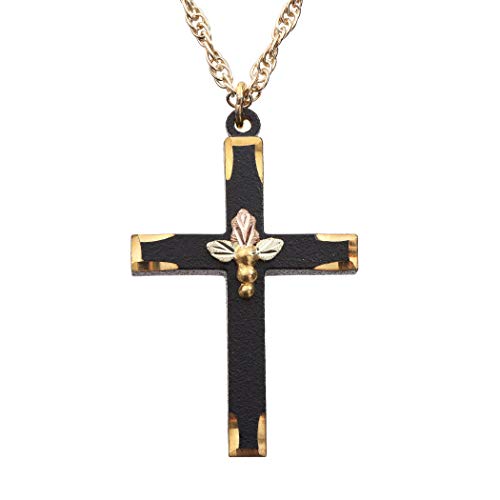 Black Cross Pendant Necklace, 10k Yellow Gold, 12k Green and Rose Black Hills Gold Accents and 20 Inch Chain in Jewelry Gift Box for Special Occasions