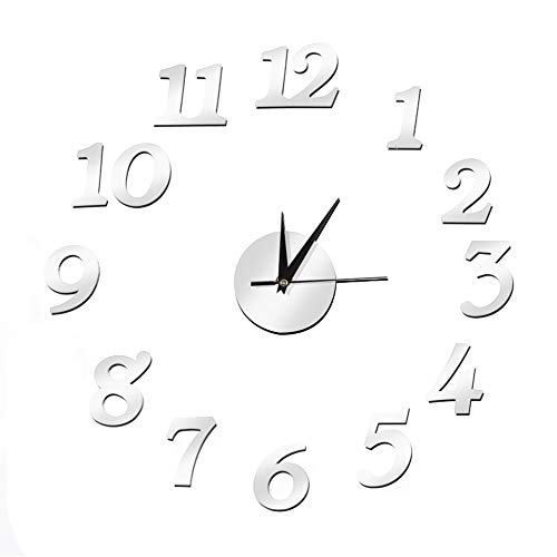 Orologio da Parete Fai-da-Te, Grande Muto Orologio a Muro 3D Specchio Adesivo da Parete Adesivo da Parete per la Casa, la Camera da Letto, L'Ufficio(d'Argento)