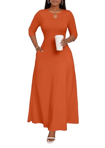 Image of FANDEE Women's Maxi Dress Casual Boho Plain Long Dresses 3 /4 Sleeve with Pockets
