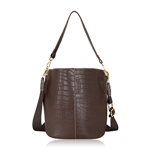 Women's Bucket Bag and Purses Crocodile Leather Crossbody Shoulder Handbags with 2 Straps Large Capacity Retro