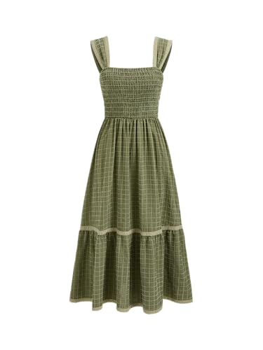CIDER Gingham Square Neck Shirred Dresses Summer Casual Vacation Woven Maxi  Dress Green at Amazon Women's Clothing store