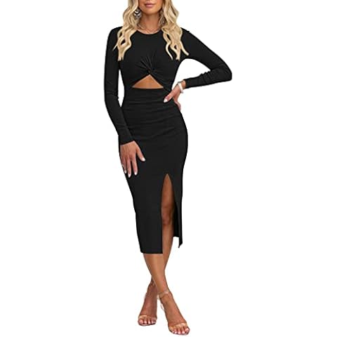 Pink Queen Women Crew Neck Long Sleeve Midi Dress Cutout Twist Ruched Party Cocktail Bodycon Slit Knit Dresses Black XL Cover