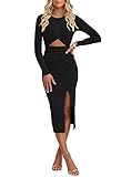 Duigluw Cutout Twist Front Dresses Women Long Sleeve Crisscross Ruched Side Slit Bodycon Midi Dress Black S