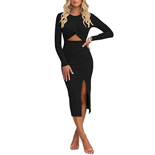 Pink Queen Women's Crew Neck Long Sleeve Midi Dress Cutout Twist Front Bodycon Slit Pencil Ribbed Knit Dresses Small Black