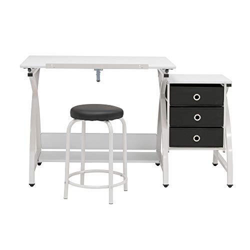 Sd Studio Designs 2 Piece Comet Center Plus, Craft Table And Matching Stool Set With Storage And Adjustable Top, 50"W X 23.75"D X 29.5"H, White/White #TOP1