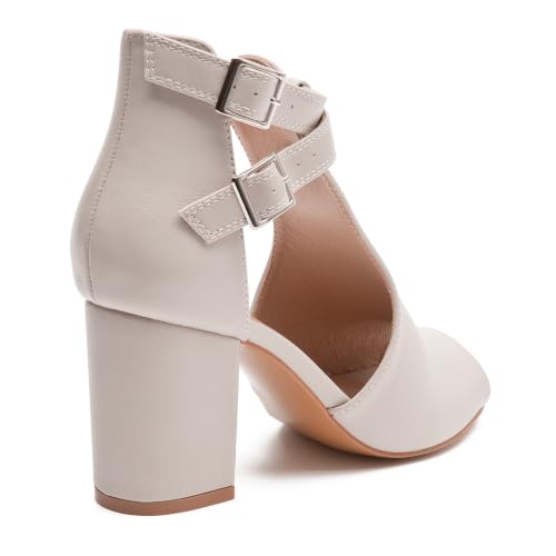 Image of Women's Peep Toe Sandals Side Cutout Chunky high Heel Adjustable Buckle | Summer booties, dressy, breathable, stacked, wide footbed, non-slip, ankle strap, all-day comfort, for parties, casual, work