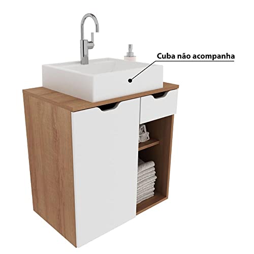 Balcão Gabinete Armário Suspenso 60 cm Sem Cuba 1 Porta 1 Gaveta Banheiro Marrom Madeira e Branco