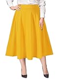 Moon Wood Women's Plus Size Midi Skirt High Elastic Waist A-Line Flared Skater Skirts with Pockets Yellow