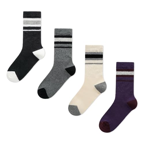 Women's Mid-Calf Socks 4 Pairs Vintage Striped Crew Socks with Breathable Cut-Out Design