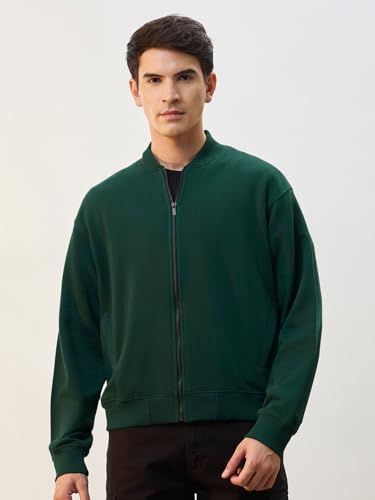 Image of Nobero Men's Premium Fleece Bomber Jacket | 280 GSM Fabric | Regular Fit Zip-Up Outerwear | Shirt Collar | Ribbed Cuffs & Hem | Casual Winter Layering Jacket