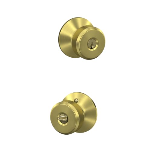 Image of SCHLAGE Bowery Keyed Entry Door Knob, Interior /Exterior, Satin Brass | Keyed entry door knob with turn-button lock, Easy to install, Certified security & durability, Universal fit, 2 keys