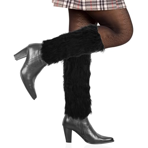 Womens Faux Fur Furry Leg Warmers Furry Boot Covers for Women Girls, Furry Boot Cuffs Fuzzy Shoes Cover Socks Black