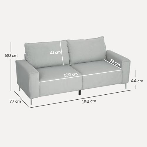 HOMCOM Modern 3 Seater Sofa with Spring Cushion, 193cm Fabric Sofa Couch with Back Pillows, Upholstered Corduroy Settee for Living Room, Bedroom, Home Office, Light Grey - Image 2