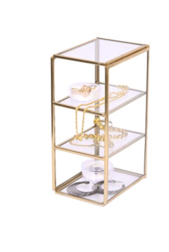 Image of Glass Makeup Brush Organizer with Gold Metal Frame - Cosmetic Brush Holder for Vanity, Dressing Table & Bathroom Counter - Multi Compartment Beauty Storage - 18 x 8 x 10 cm