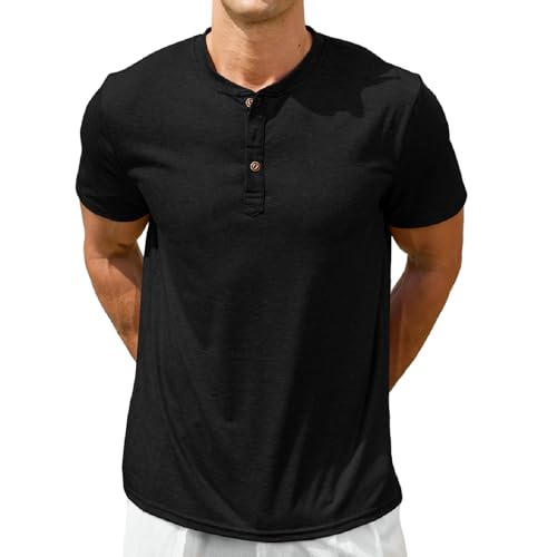 Rela Bota Men's Henley Shirts Short Sleeve Casual Basic T-Shirts Summer Classic Button Lightweight Soild Tees Black