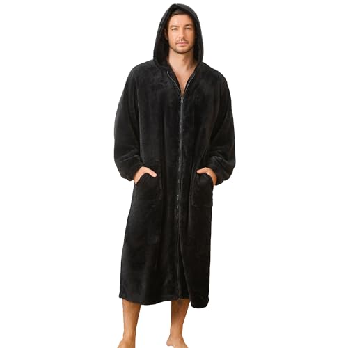 U2SKIIN Men's Plush Fleece Hooded Robe, Soft Warm Long Bathrobe