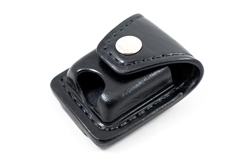 Black leather case for Zippo lighter, custom leather pouch with belt loop, closed top with snap button