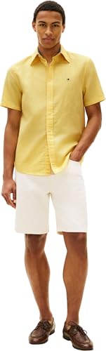 Tommy Hilfiger Herren Hemd Linen Blend Solid Kurzarm, Gelb (Citronella), L 4