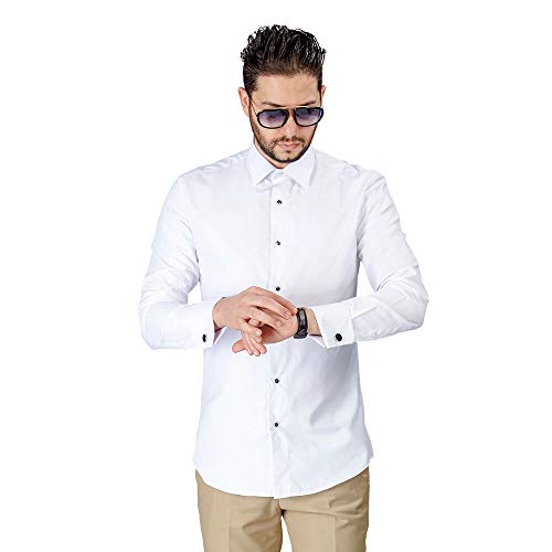 AZAR White Tuxedo Herringbone Textured French Cuff Dress Shirt with Black & Silver Studs/Cufflink