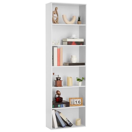 6-Tier Bookcase, 71.4″ Tall Bookshelf with h-Shaped Frame, Heavy Duty Storage Shelf for Home Office/Living Room/Bedroom, Open Shelf Organizer for Books/Vinyl Records/Decor, White