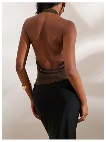 MakeMeChic Women's Sparkly Sequin Tops Cowl Neck Halter Top Crochet Blackless Rave Going Out Tops2