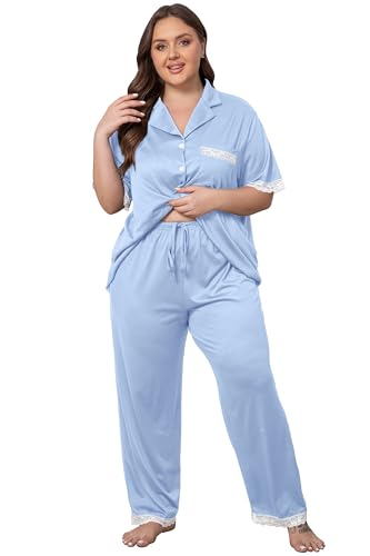 Image of Vozanet Women Short Sleeve Long Pants Pajama Sets Lace Trim Button Down Sleepwear Plus Size Knit Loungewear Sexy Nighty